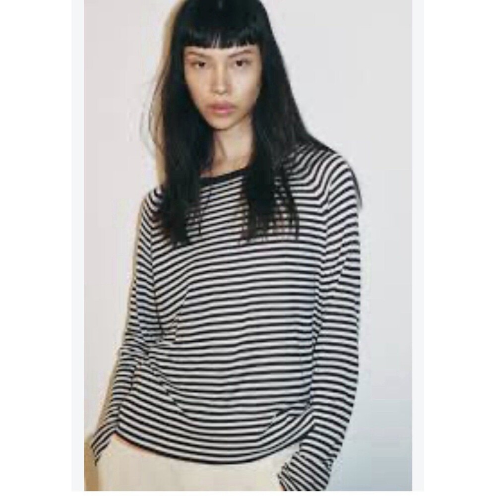Zara Double Knit Jumper Stripe Shirt Small Casual Preppy Oversized Minimalist